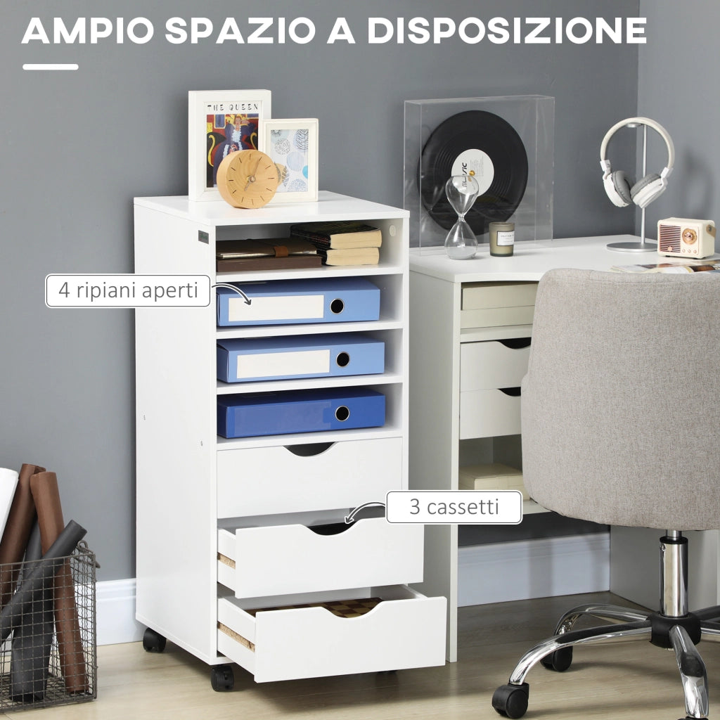 Cassettiera da Ufficio con 4 Ruote 3 Cassetti 4 Ripiani ¨C Minimal ¨C Bianco Legno