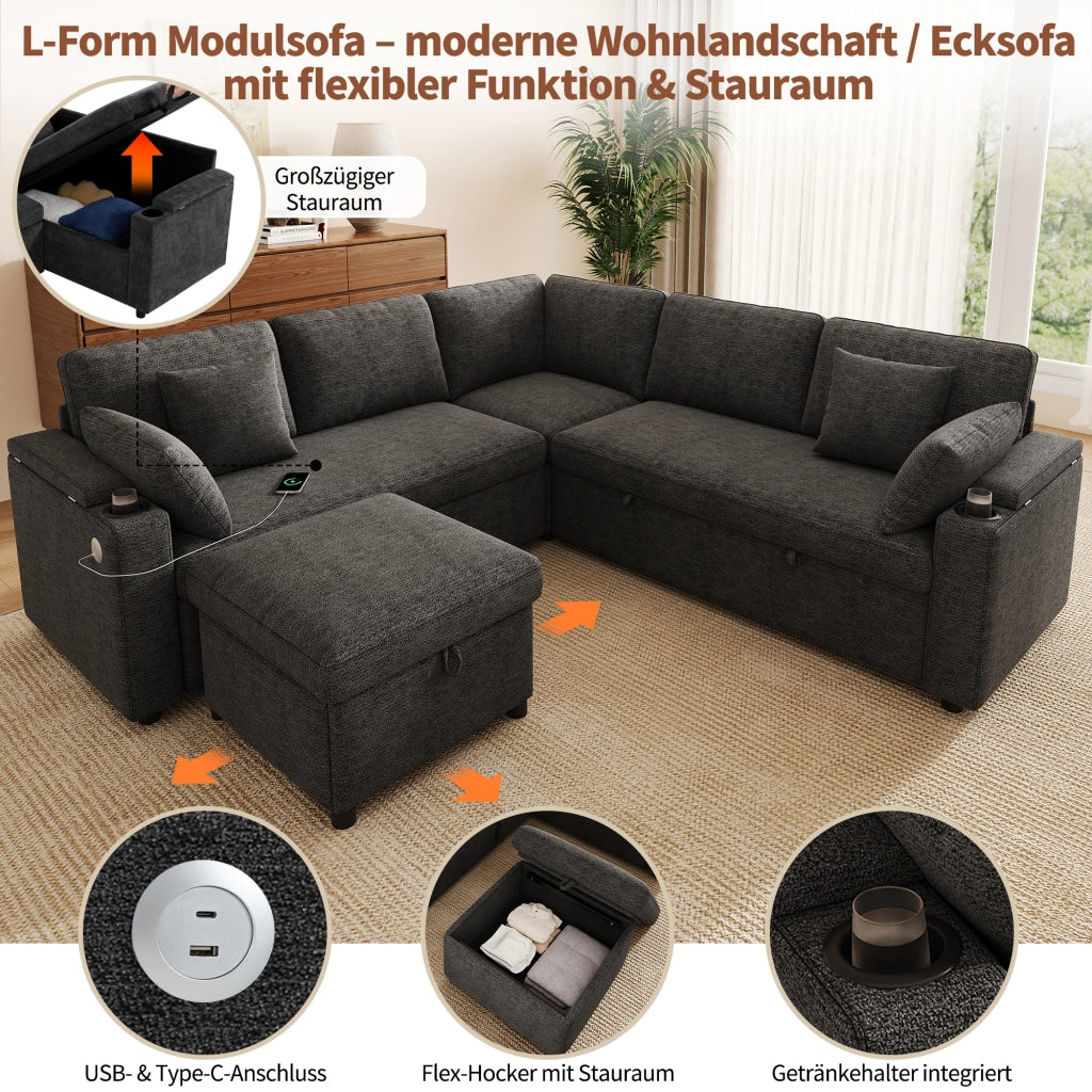 Divano angolare con letto estraibile, pouf mobile, USB e porte bicchieri, contenitori nei braccioli, in ciniglia grigia