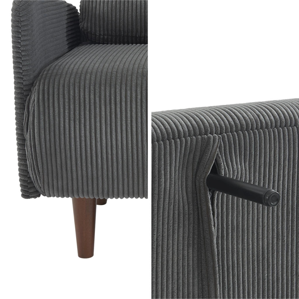 Divano letto in velluto a coste con gambe in legno, 2 posti, grigio