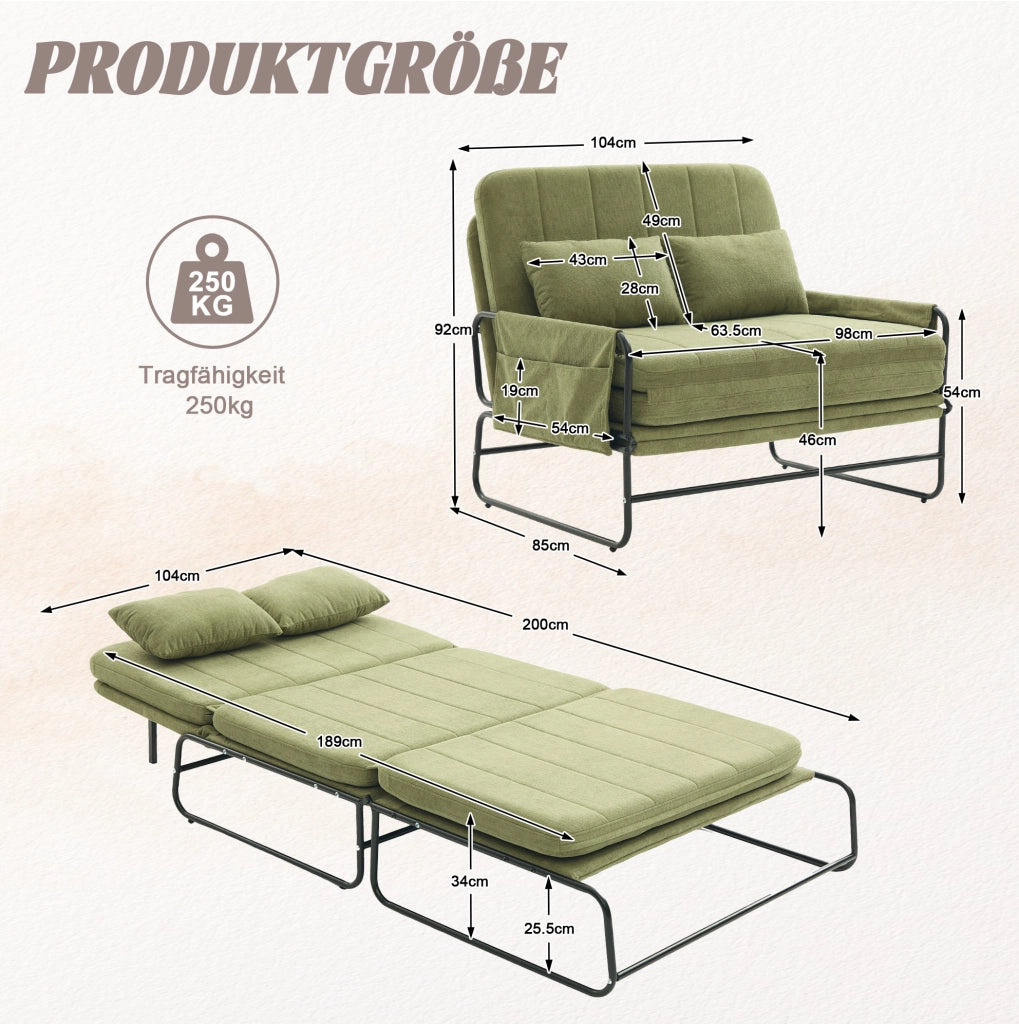 Divano letto a 2 posti convertibile in chenille verde oliva con struttura in metallo; 104x85x92 cm