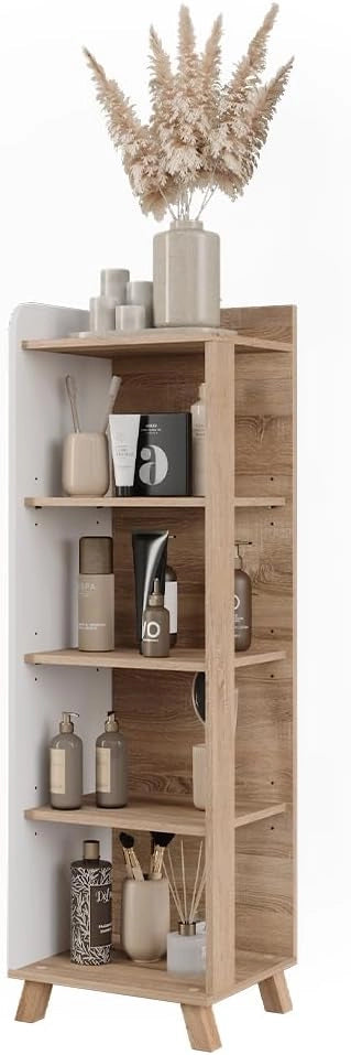Mensola da bagno Karen, Sonoma/Bianco, 40 x 128 cm con 4 scomparti, per la conservazione di asciugamani e prodotti per la cura personale
