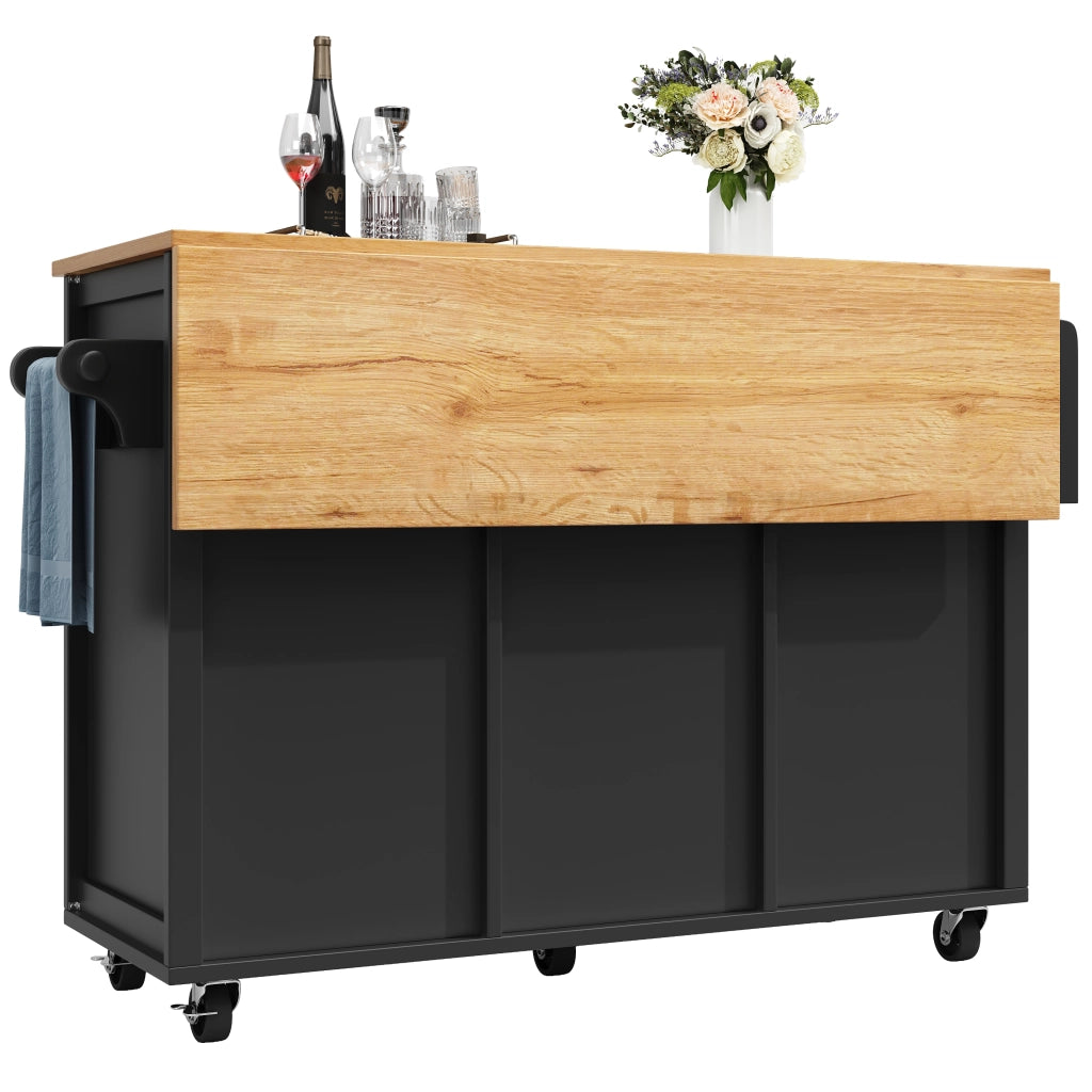 Carrello da Cucina con 2 Cassetti; 2 Ante; Ripiani; Piano Ribaltabile e Portasciugamani; Nero