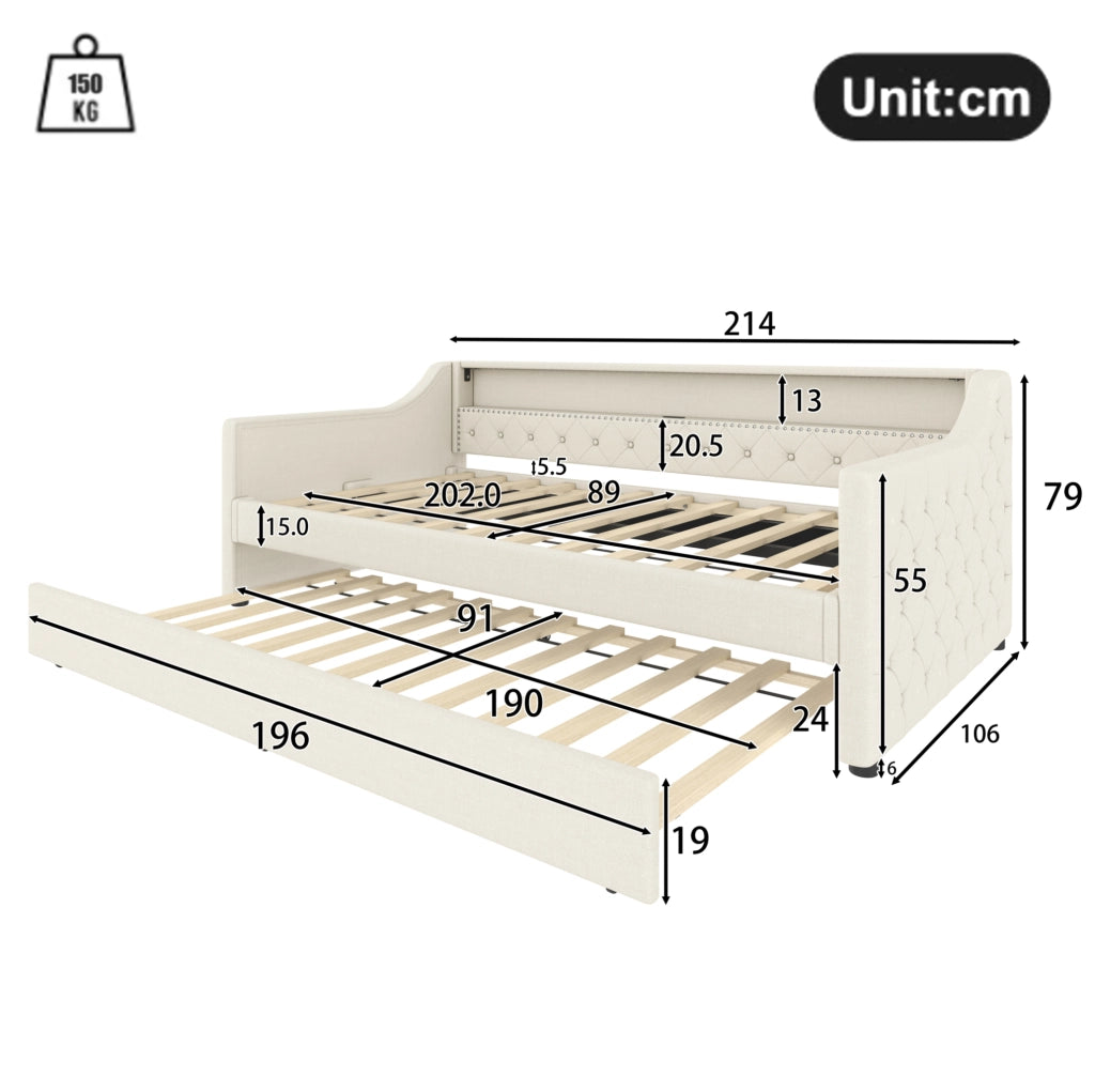 Letto singolo estraibile 90x200 cm con LED e USB beige
