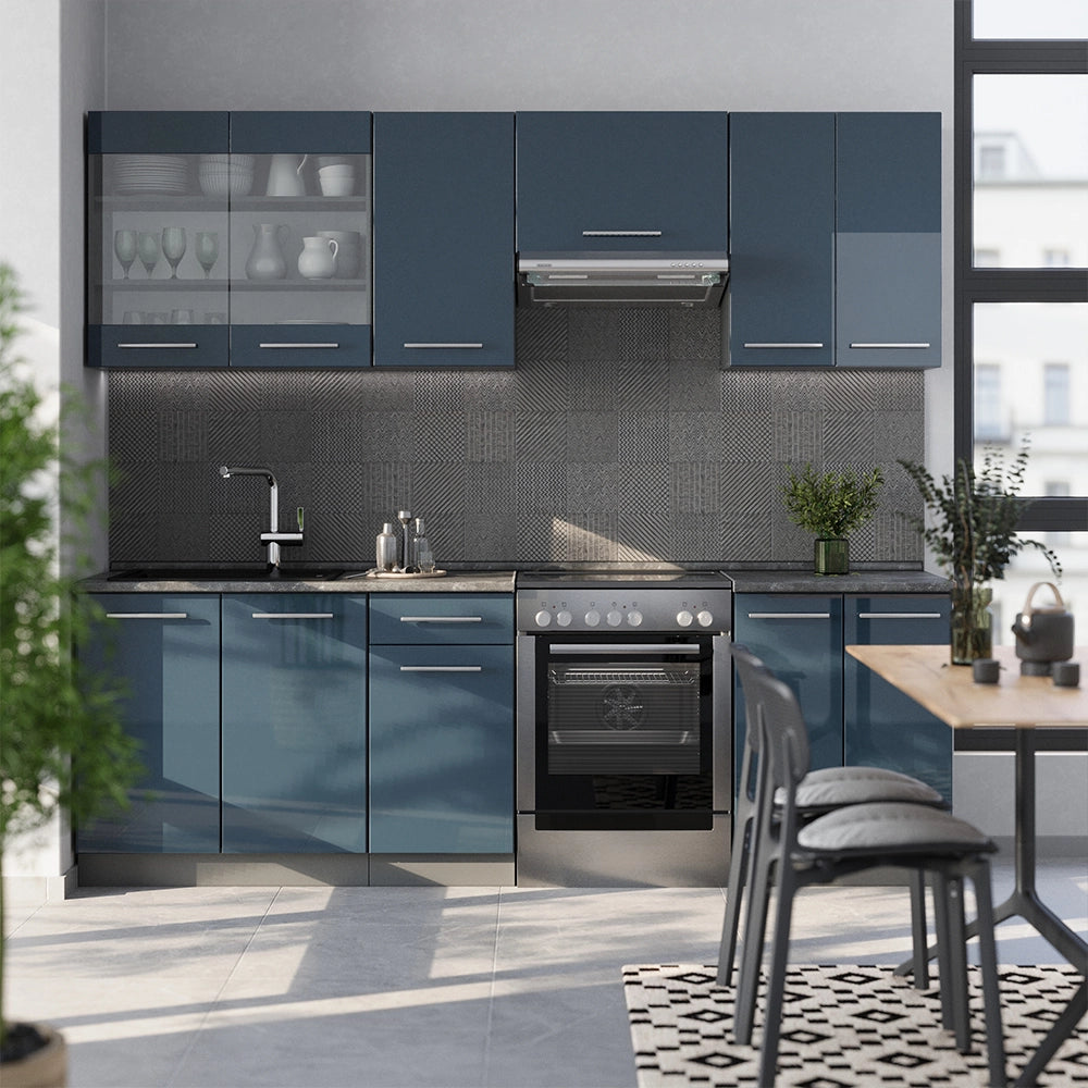 Cucina componibile Fame-Line Blu scuro lucido/Antracite 240 cm, PL Antracite Vicco