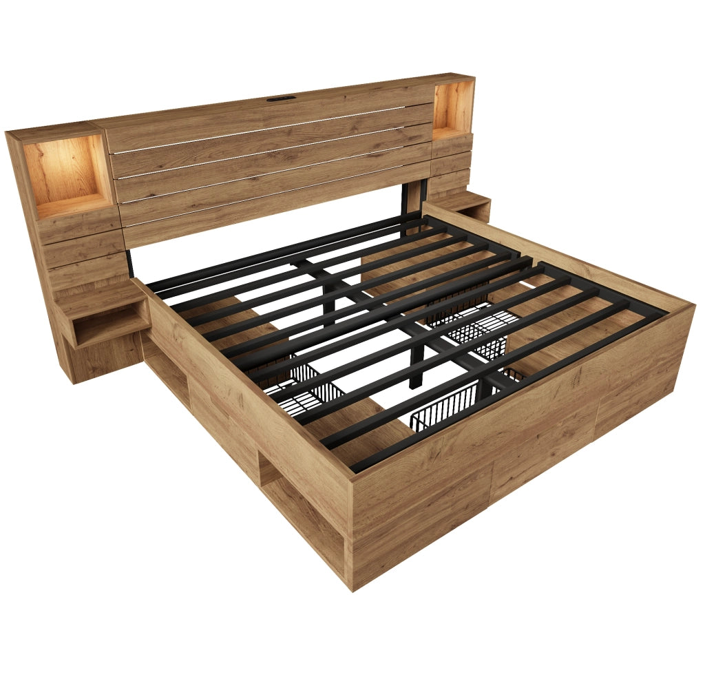 Letto matrimoniale 180x200 cm in MDF e metallo con faretti; USB Type-C; cassetti e comodini sospesi; rovere