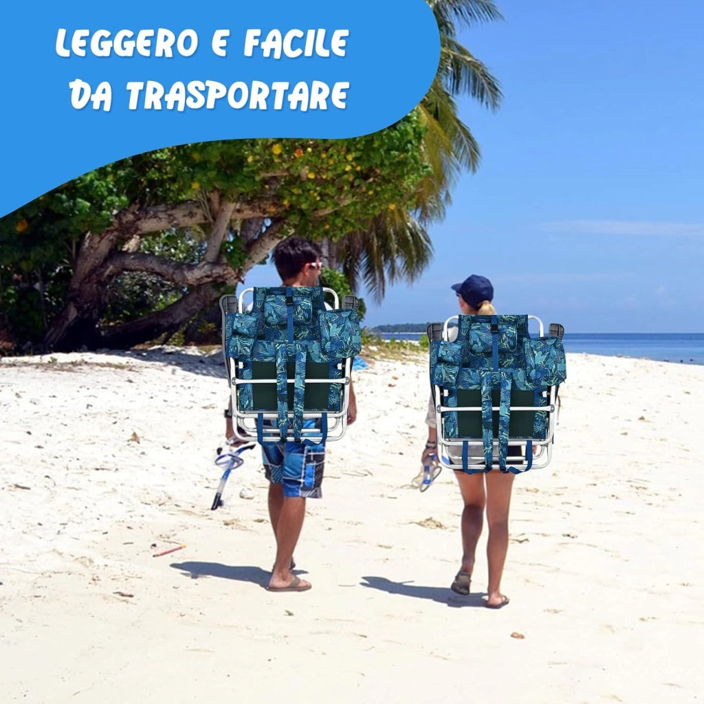 Set di 2 Sedie e Tavolino da Spiaggia Pieghevole, Schienale Regolabile a 5 Livelli, con Portatesta, Borsa Portaoggetti, Borsa Termica, per Campeggio Picnic Esterno (Blu Scuro, Modello 1)