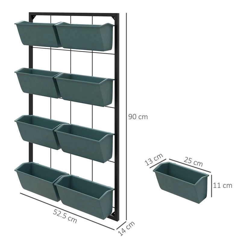 ORTO VERTICALE DA PARETE A 4 LIVELLI CON 8 VASI, IN ACCIAIO E PLASTICA, 52X14X90 CM, VERDE SCURO E NERO