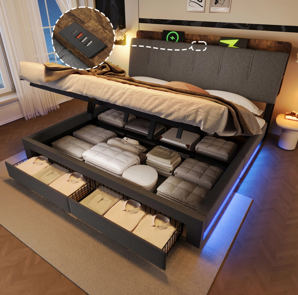 Letto matrimoniale imbottito 180x200 cm in lino grigio con contenitore; USB e LED
