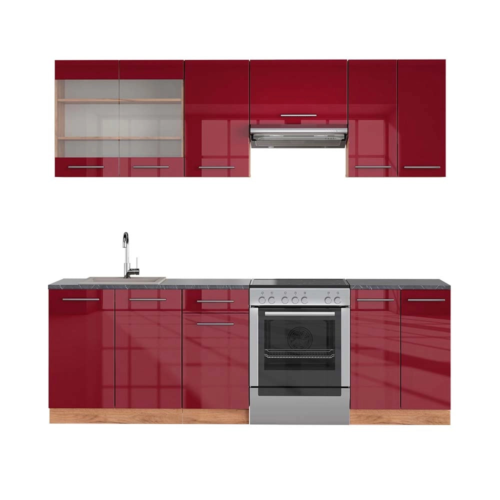 Cucina componibile Fame-Line Bordeaux lucido/Rovere dorato 240 cm, PL Antracite Vicco