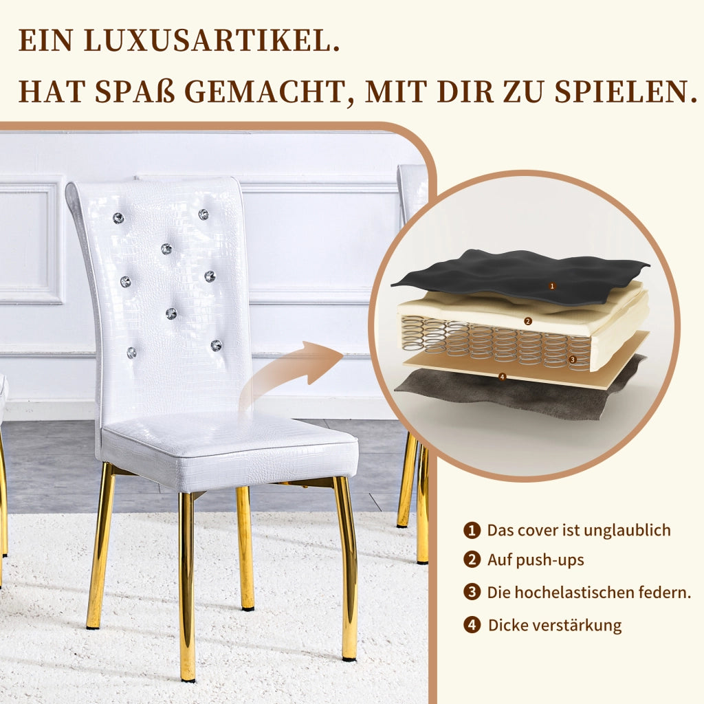 Set di 2 sedie da pranzo con schienale decorato; piedini regolabili e struttura metallica in PVC bianco e oro