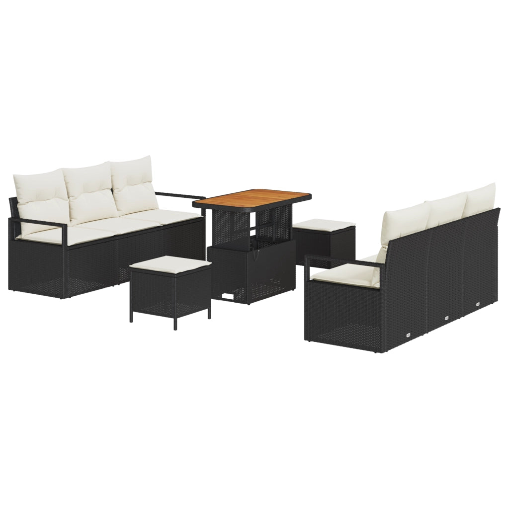 Set Divano da Giardino 9 Pezzi con Cuscini Nero Rattan Polietilene Acacia