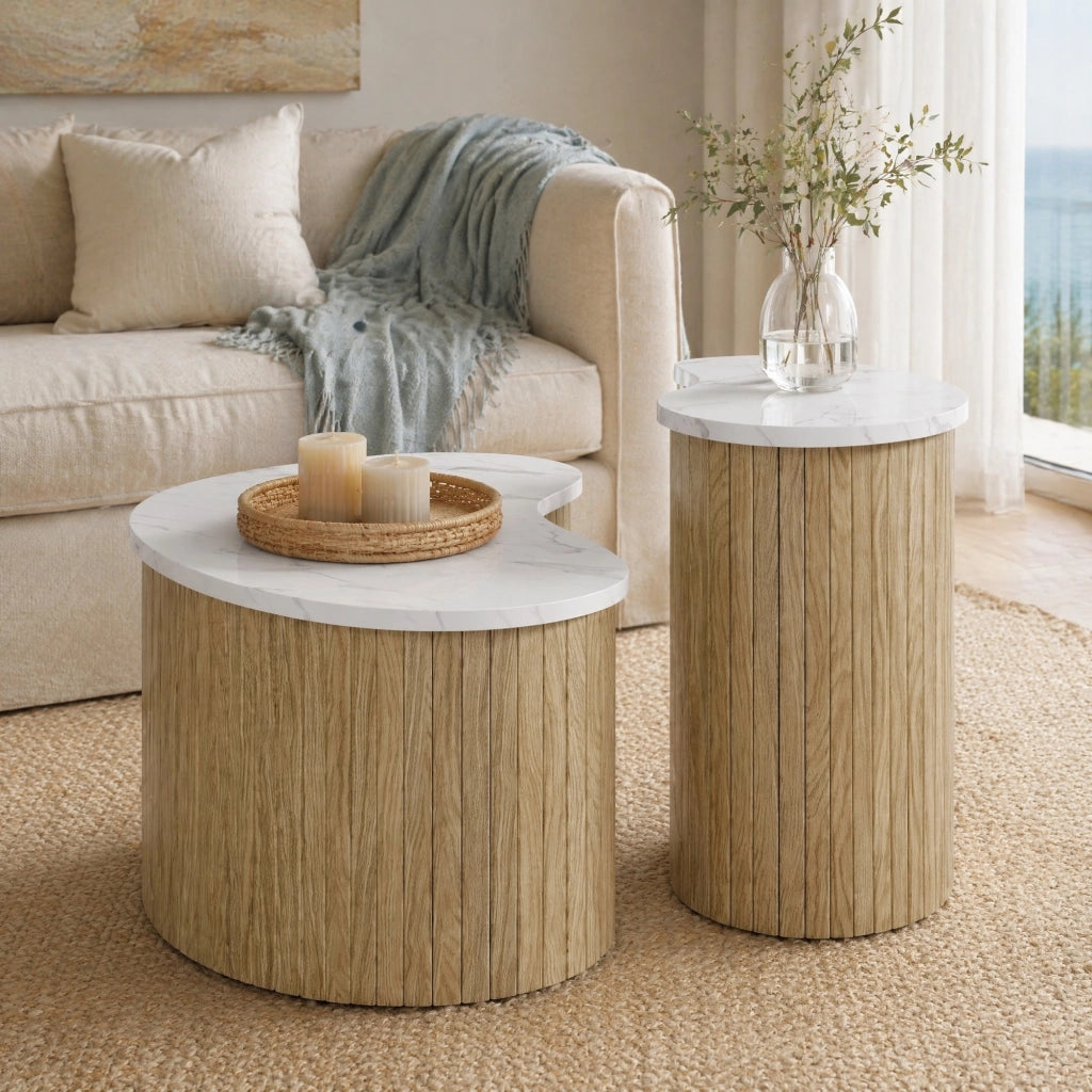 Tavolini bassi impilabili con design curvo piano effetto marmo e legno MDF naturale e bianco 60 × 37 × 38 cm