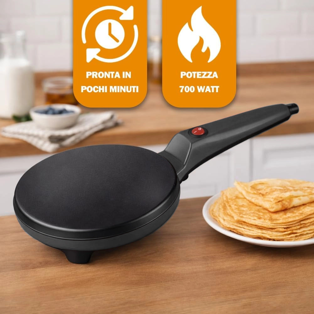 Crepiera Elettrica Nero Manico 700W Piastra Alluminio Rivestimento Antiaderente