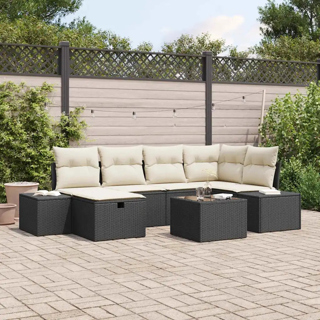 Set Divano da Giardino con cuscino 7 pcs Nero polyrattan 3359386