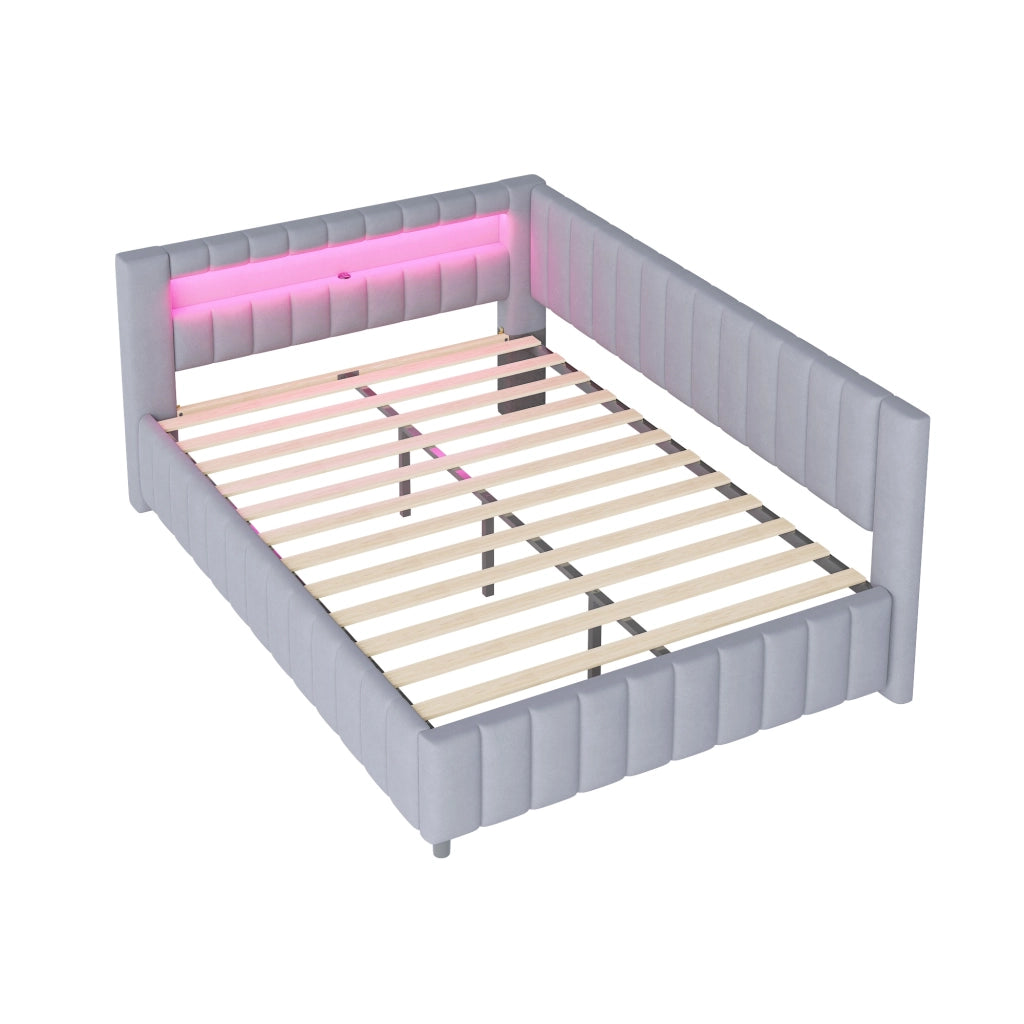 Letto una piazza e mezza imbottito 140 ¡Á 200 cm a L con LED e USB in velluto grigio con rete a doghe