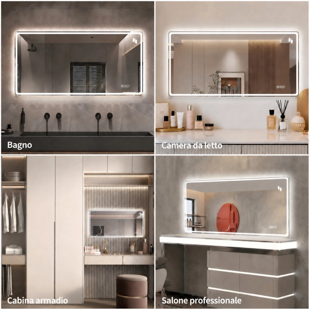 Specchio da bagno a LED 60x120 cm senza cornice; retroilluminato e frontale; antiappannamento; vetro HD; argento
