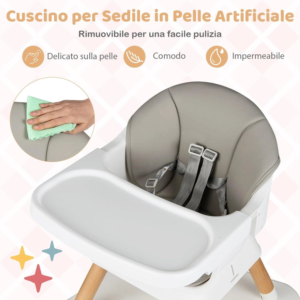 Seggiolone Pappa per Bambini, Seggiolone Convertibile con Cintura e Vassoio Rimovibile, Sedia Evolutiva per Neonati, Telaio in Legno Massello, per Neonati 6-36 Mesi (Grigio Chiaro)