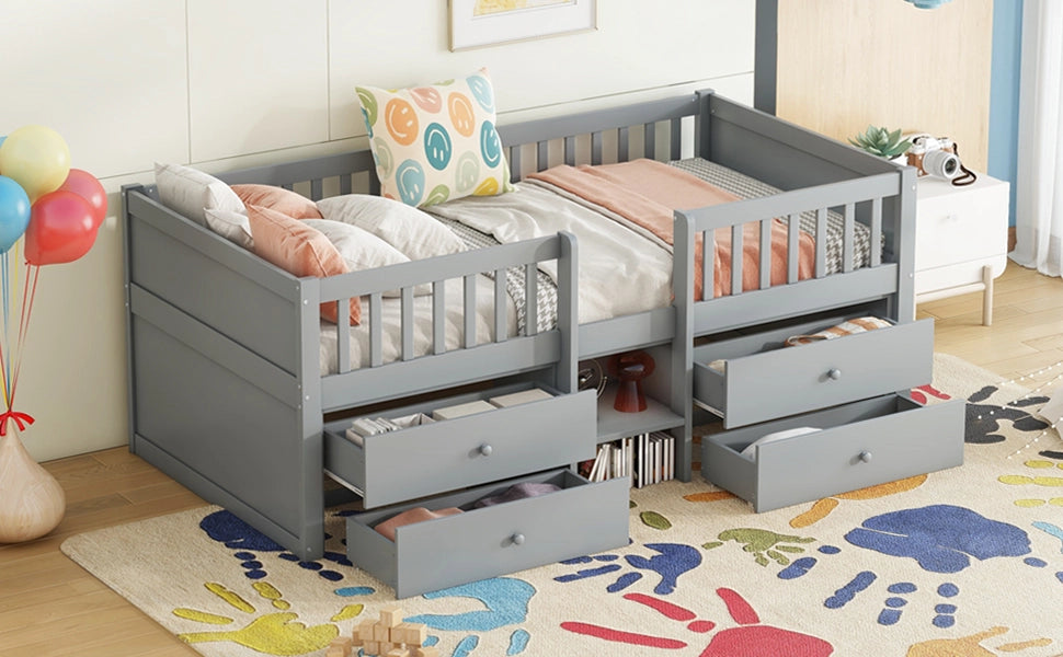 DESMIU Letto per Bambini 90 × 200 cm 1 Posto con 4 Cassetti, Sponde e Scala, senza Materasso, Pino, Grigio