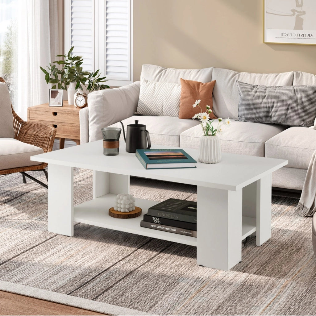Tavolo da t¨¨ rettangolare in legno a 2 livelli, Tavolino da caff¨¨ moderno con ripiano aperto Bianco-Tavolini da salotto