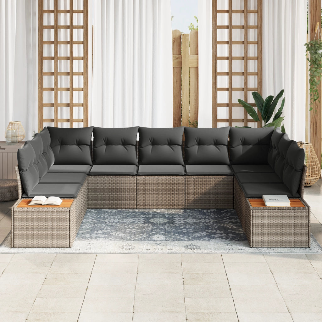 Set divano da giardino 9 pezzi con cuscini Grigio Polyrattan Acacia