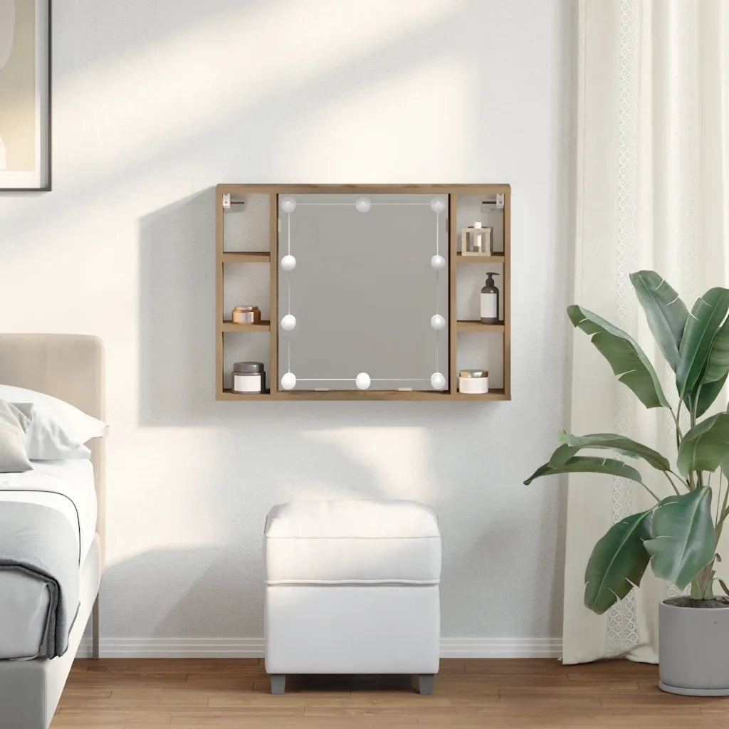 Mobile a Specchio LED-Armadietto a Specchio Rovere Artigianale 76x15x55cm Multistrato