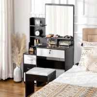 Set Da Toeletta Tavolo Da Trucco Con Sgabello Imbottito Grande Specchio + Più Ripiani Aperti + 4 Cassetti Nero Bianco