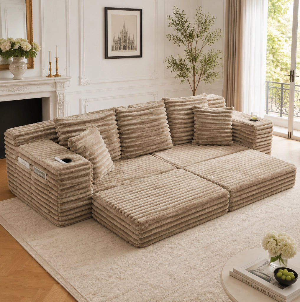 Divano componibile trasformabile in divano letto con tasche laterali e portabicchieri; 273 cm; corduroy khaki