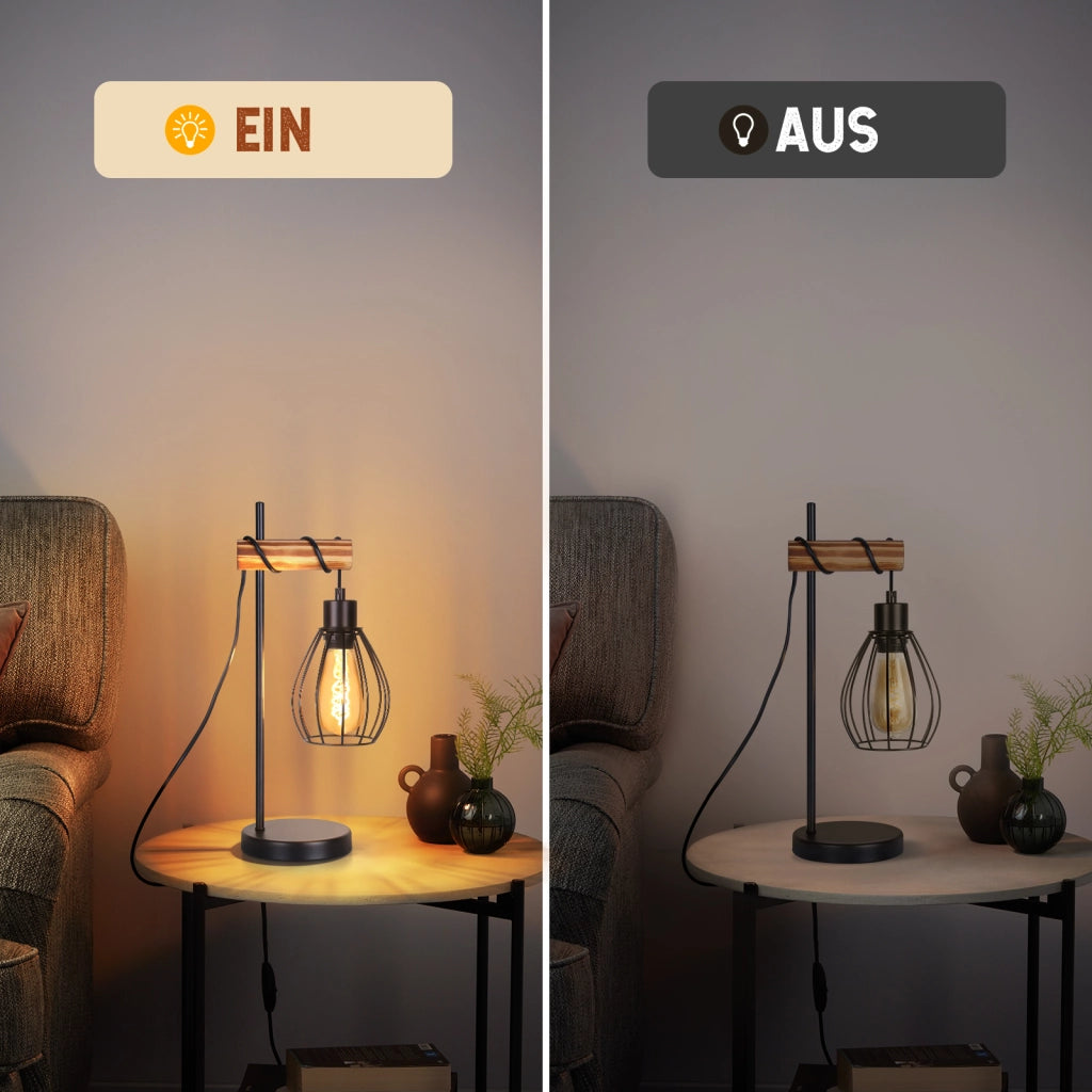 ZMH Lampada da tavolo vintage legno nero industriale metallo E27 senza lampadina per soggiorno ufficio