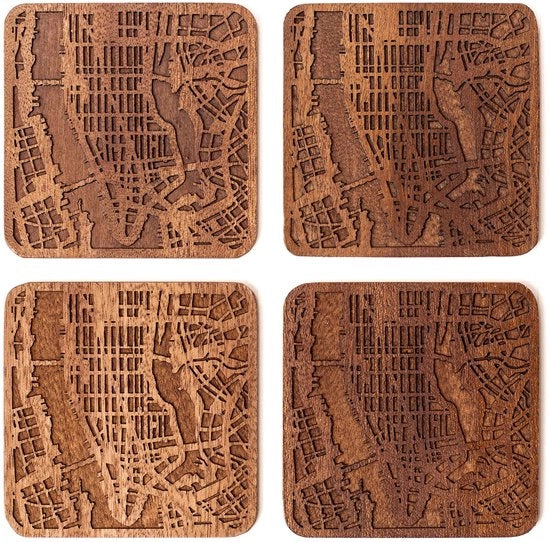 Sapelehouten onderzetters con pianta di città, 4 pezzi, con mappa urbana, opzioni multiple città, manufatti a mano.