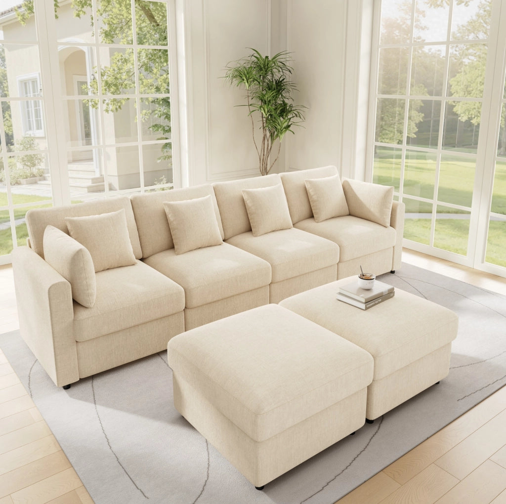 Divano modulare a forma di U/L in tessuto chenille beige con 2 pouf e 4 cuscini decorativi