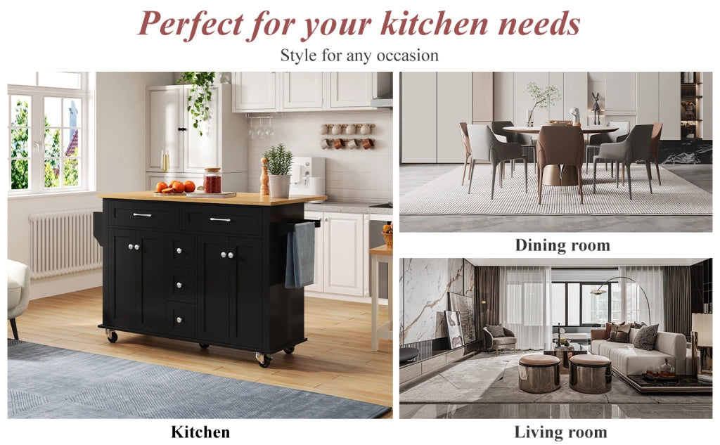 Carrello da cucina con piano ribaltabile, 5 cassetti, 2 armadietti, portaspezie e portasciugamani, in MDF, nero naturale