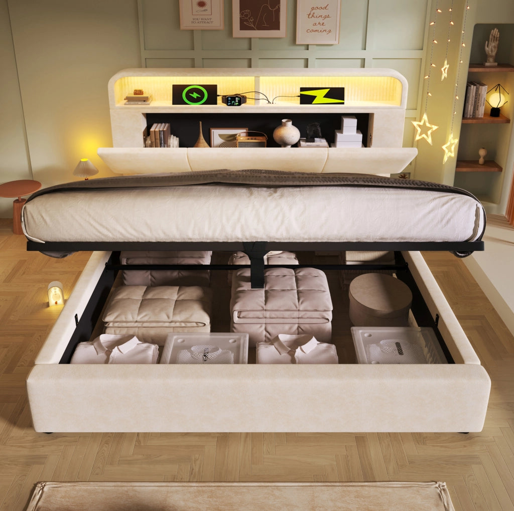 Letto matrimoniale 180x200 cm con testiera contenitore, LED e stazione di ricarica