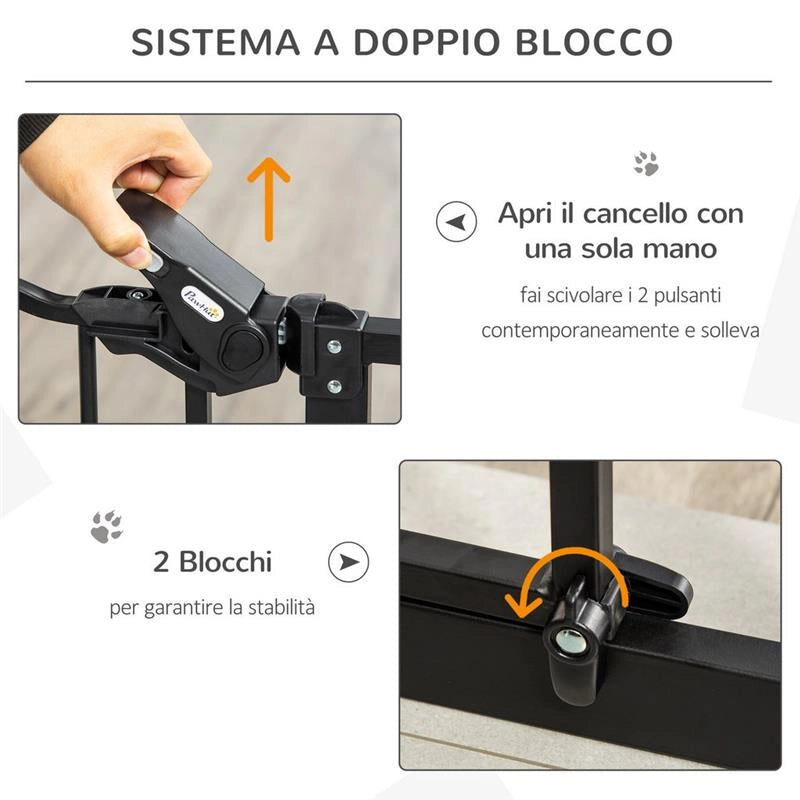 CANCELLETTO PER CANI CON FISSAGGIO A PRESSIONE, ESTENSIBILE DA 74-80CM CON CHIUSURA AUTOMATICA, NERO
