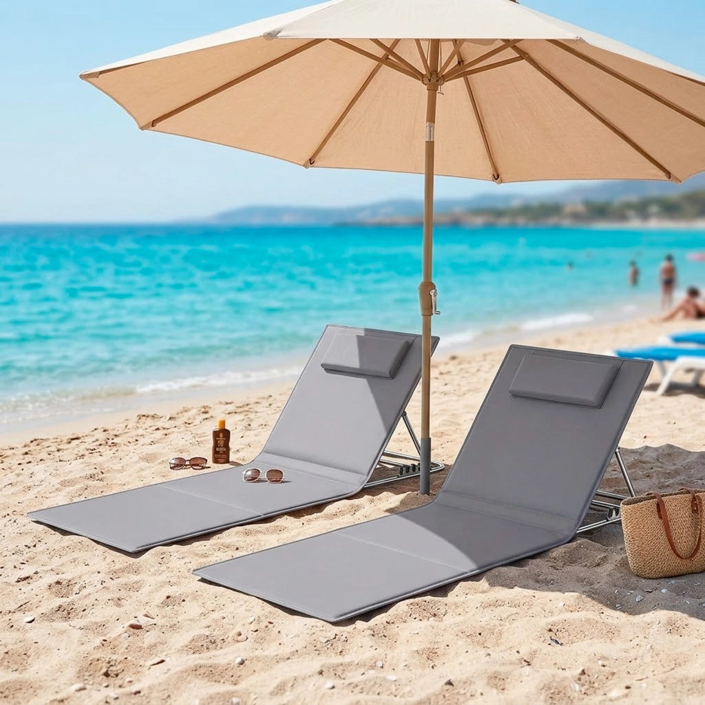 Set Lettini Prendisole Doppio Pieghevoli Con Schienale Reclinabile 4 Posizioni Tasca Portaoggetti Cuscino Poggiatesta Per Spiaggia Piscina Campeggio Giardino 158 X 55 X 52 Cm Grigio