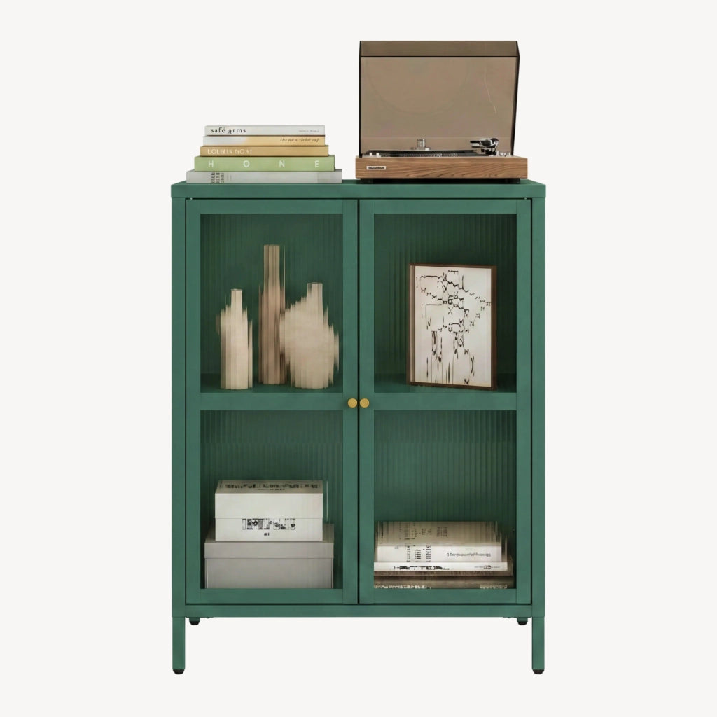 Credenza Säkylä Comò con Ante in Vetro Scanalato 84x64x35 cm Verde Abete [en.casa]