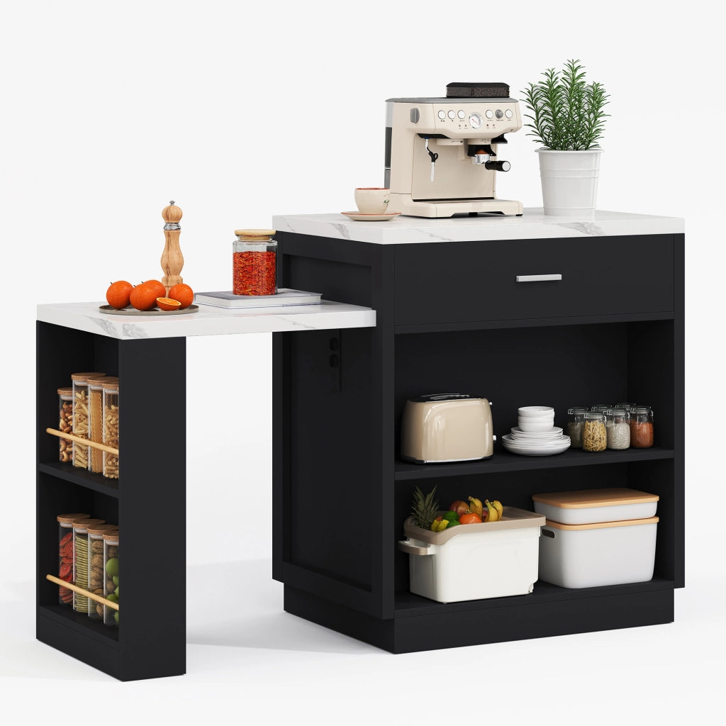 Isola da Cucina con Tavolo Estensibile 2-6 Persone; 2 Prese; 2 USB; 2 Cassetti e Mobile Contenitore