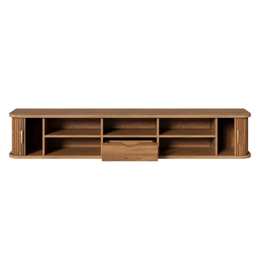Mobile TV da parete, finitura effetto legno, illuminazione a LED regolabile tramite app, materiale MDF, colore noce