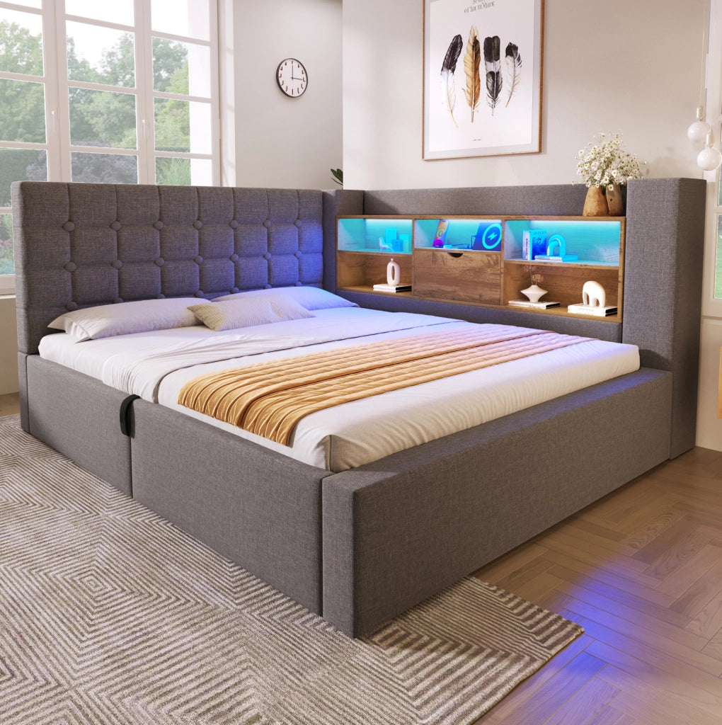 Letto imbottito 140x200 cm con LED, vano contenitore e testiera L