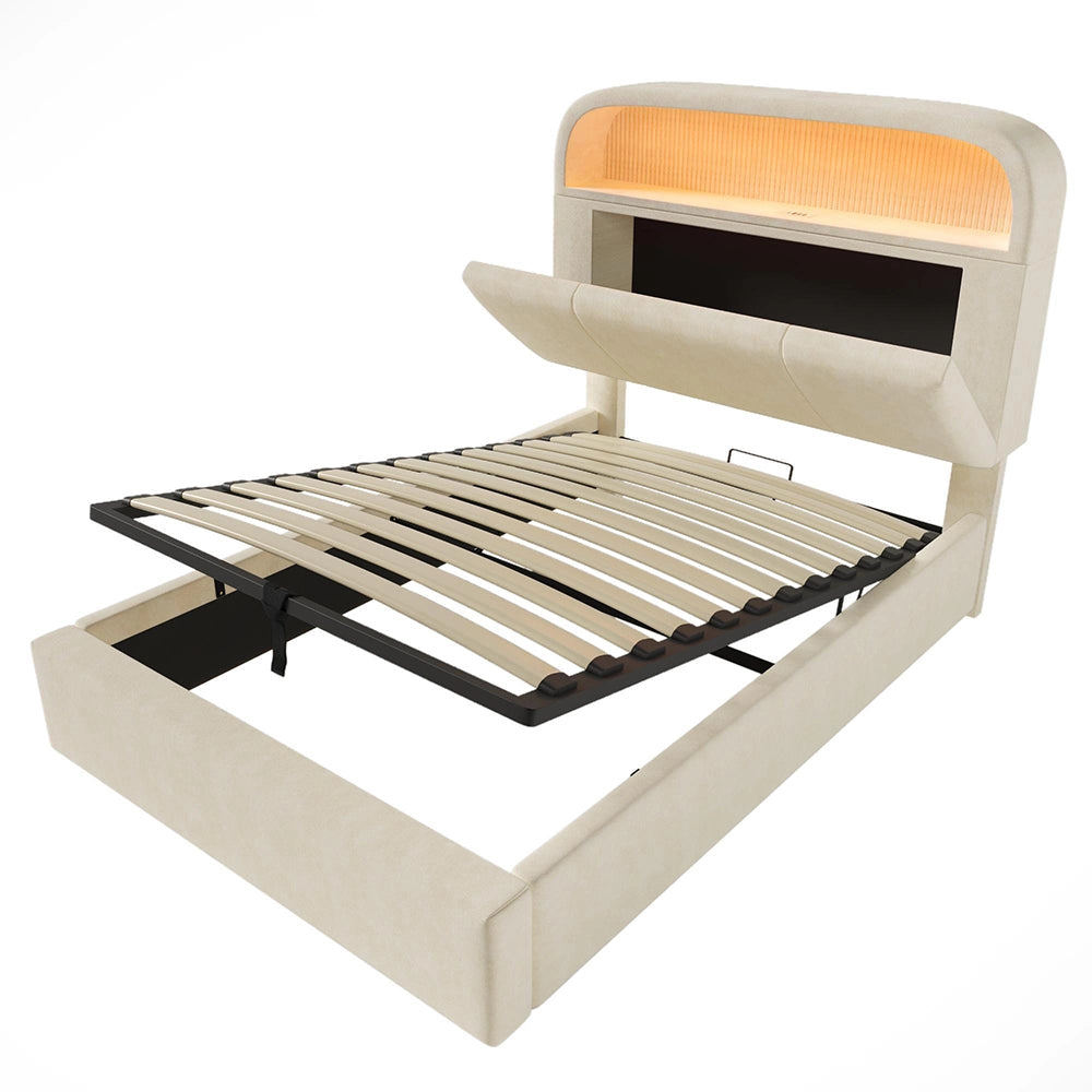 Letto Singolo Idraulico 90x200cm - Xylo - Testiera Regolabile LED con USB, Velluto Beige