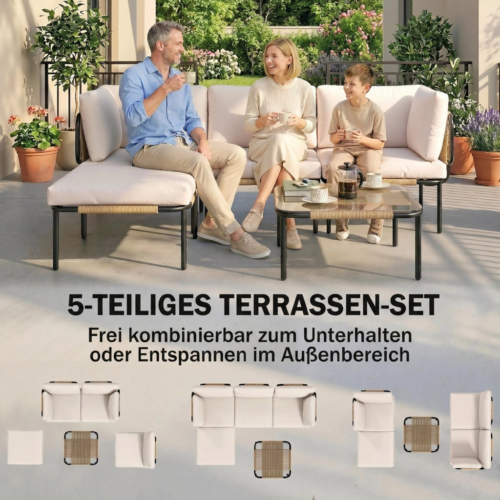 Set Divano da Giardino Polyrattan 5 Pezzi ¨C Zephmum ¨C Grigio con Tavolino Vetro e Cuscini