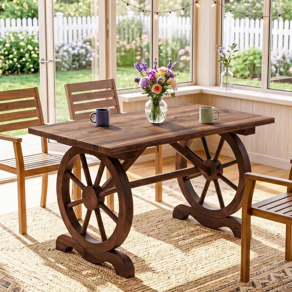 Tavolo da Giardino Stile Country con Gambe a Ruota, in Legno di Abete Resistente alle Intemperie, 110x60x65 cm