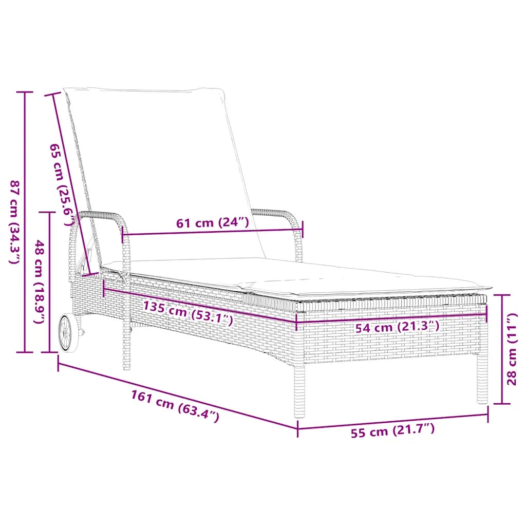 Lettino prendisole con ruote e Cuscino in Polyrattan Nero 368316