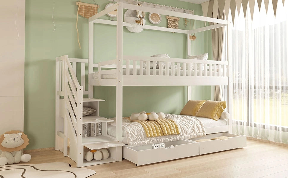 Letto a castello 90x200 - Xylo - Bianco con scala e cassetti