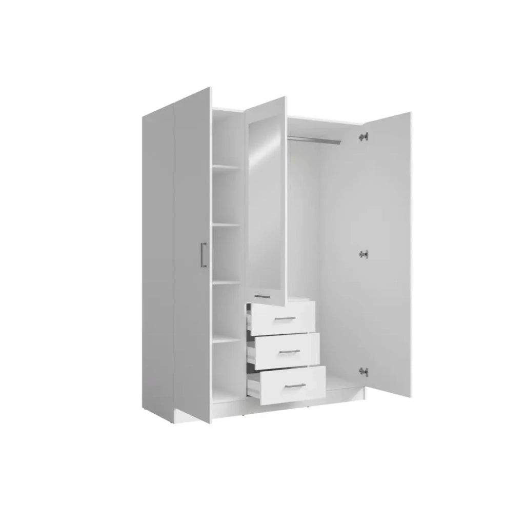Armadio KALISTA 151 cm bianco opaco con specchio e 3 cassetti – 3 ante a battente