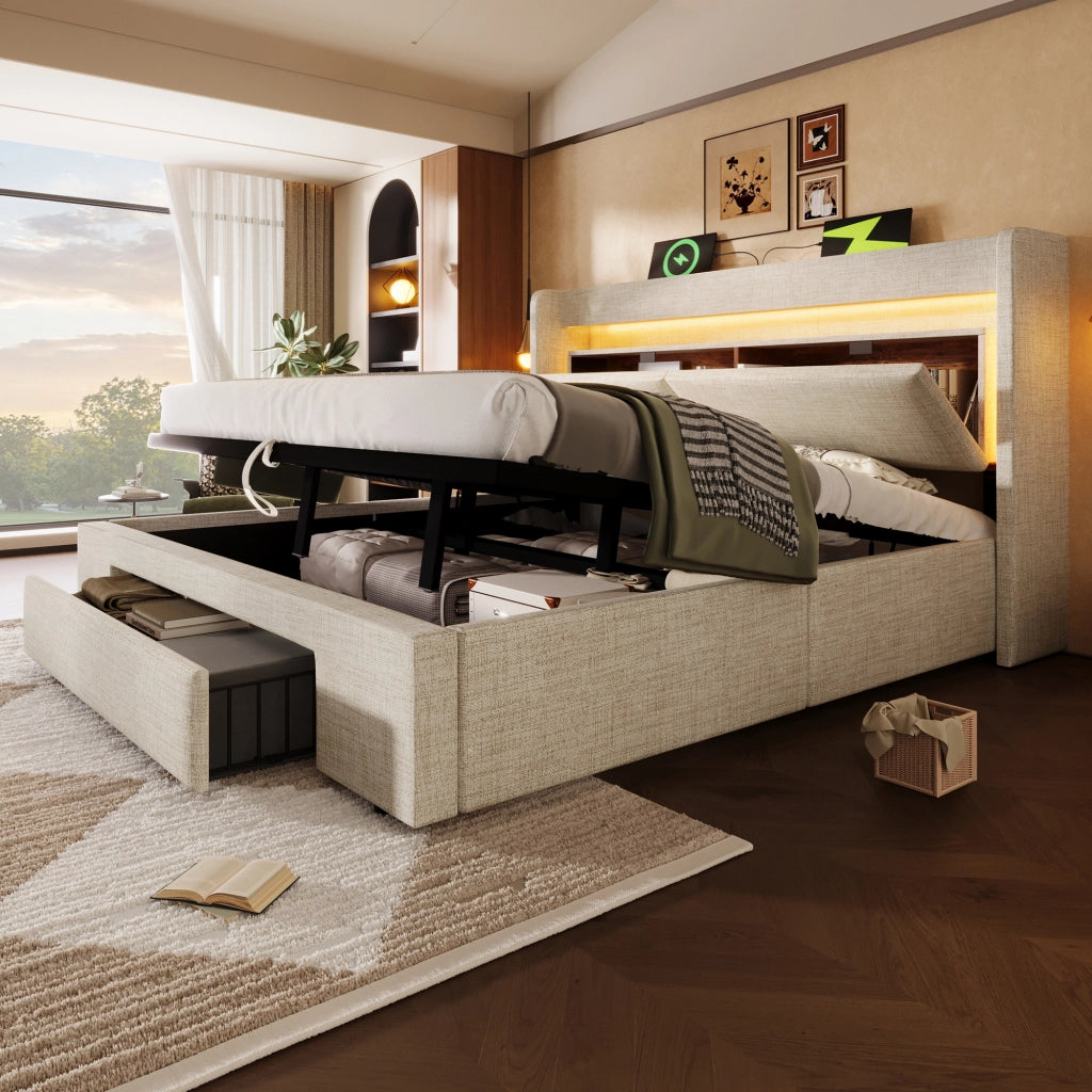Letto imbottito in lino beige 160x200 vano idraulico testiera con scomparto LED USB