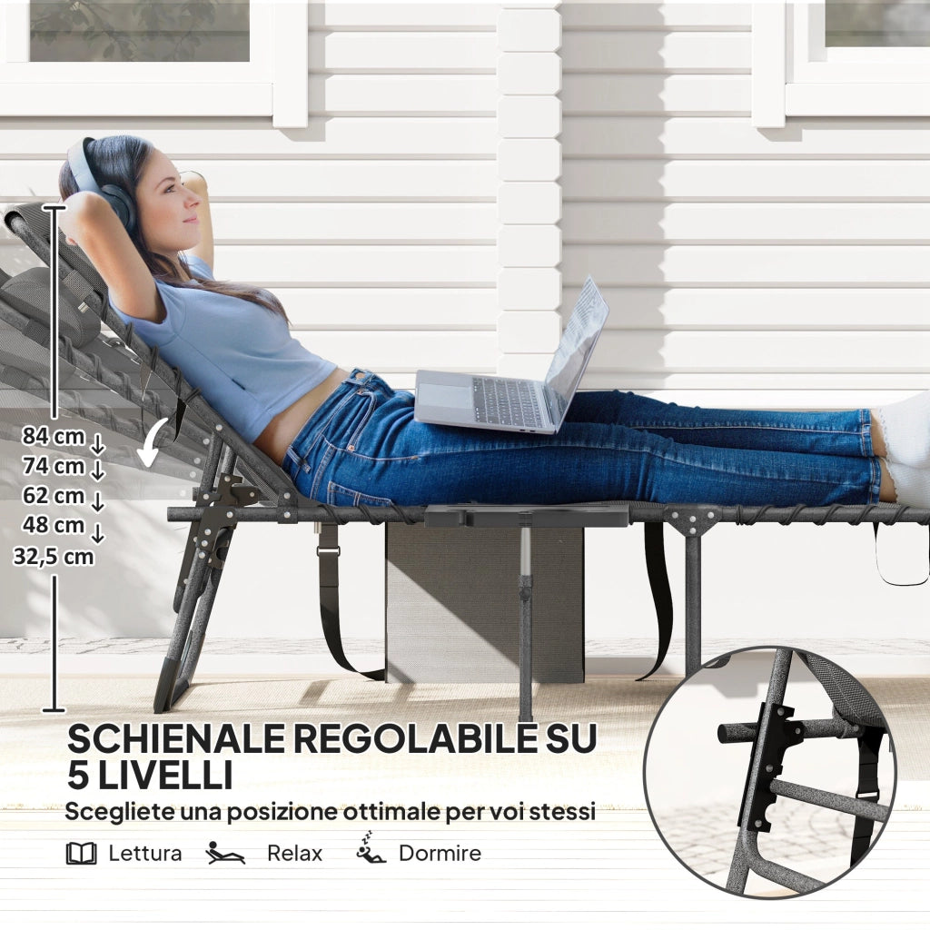 Sdraio da Giardino Pieghevole 60x190x31 cm Reclinabile a 5 Livelli con Tavolino Laterale e Tasca Grigio e Nero
