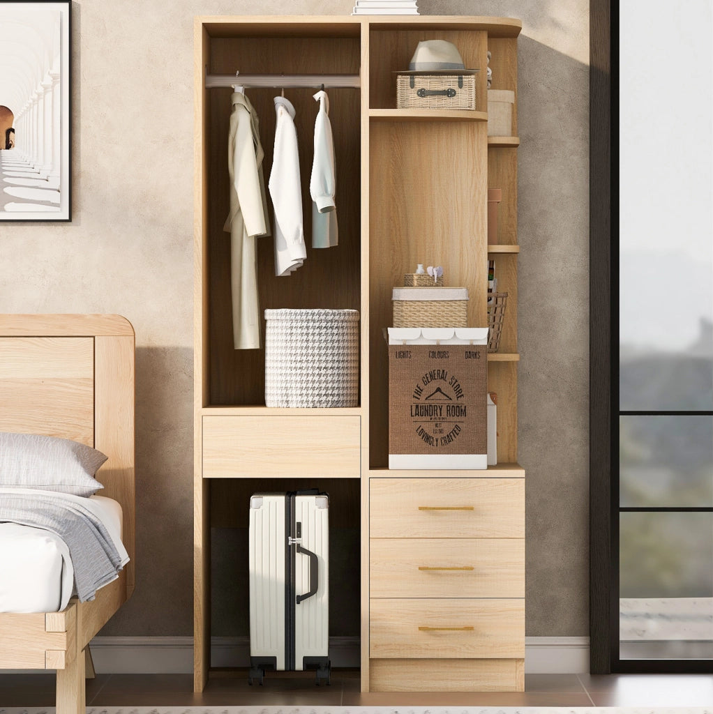 Armadio con ripiani aperti e scomparti chiusi 70 x 55 x 175 cm in MDF; colore legno