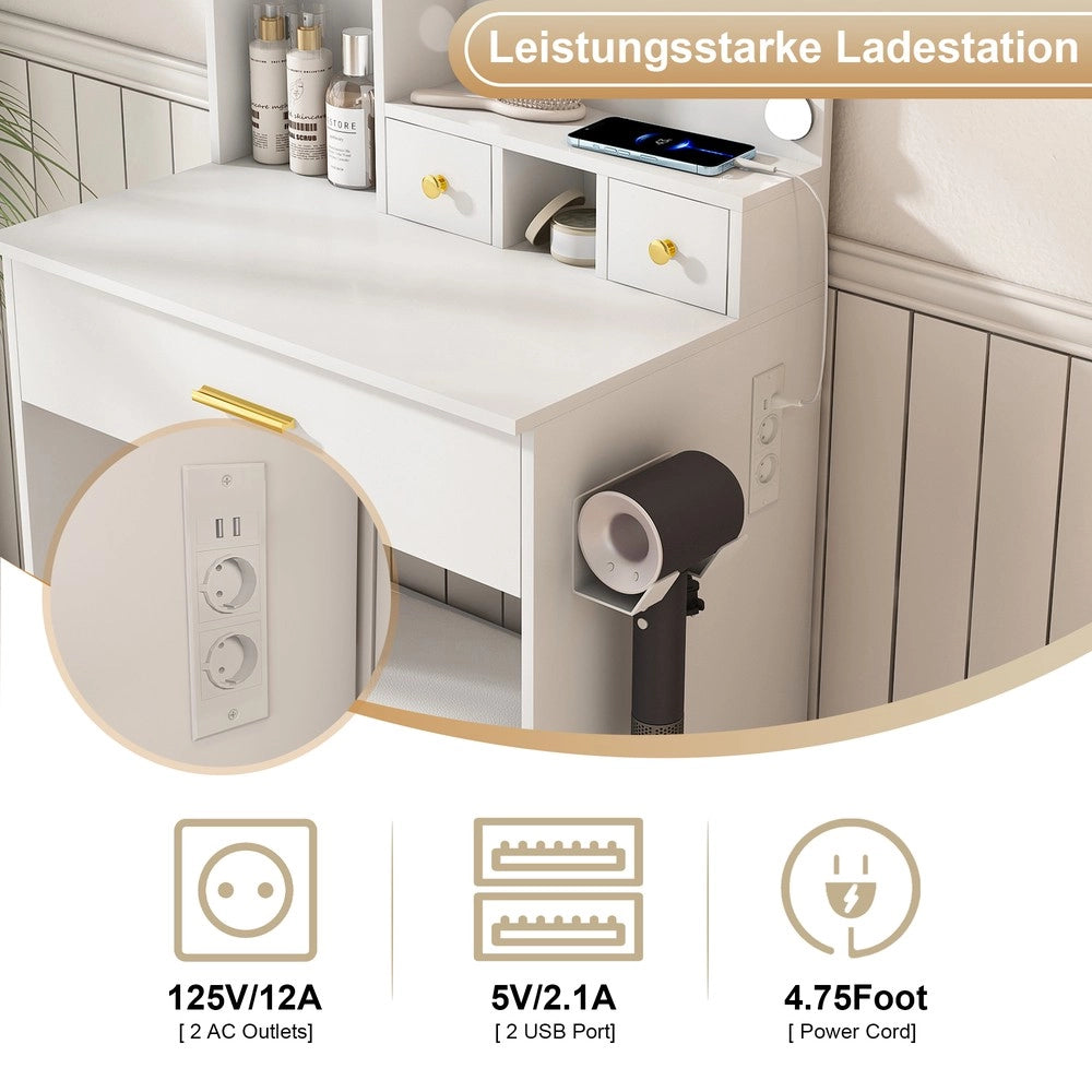 Set Tavolo Trucco con Specchio, LED, Cassetti e Sgabello Imbottito ¨C Xylo ¨C 60x38x131,5 cm