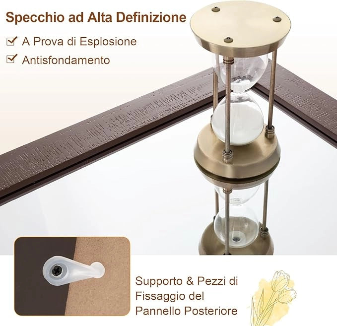 Specchio da Parete 100 x 66 cm, Specchio Rettangolare con Cornice in Legno Massiccio e Staffa in Metallo, Decorazione da Parete per Soggiorno Ingresso Bagno, Marrone (Noce)