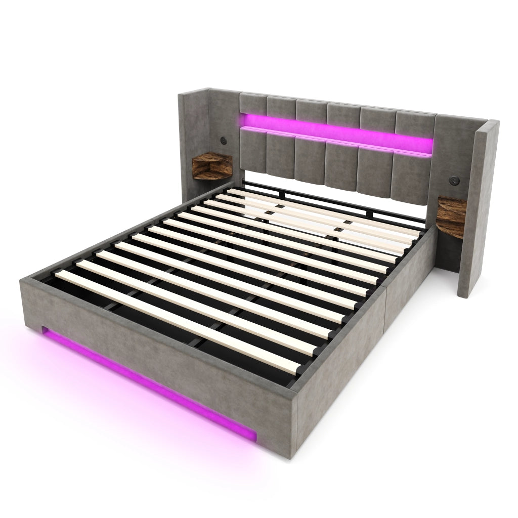 LETTO imbottito 180x200 cm in velluto grigio scuro con USB, LED e contenitore